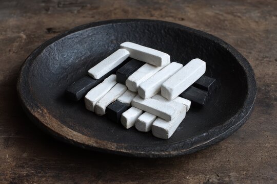 Arrangement of white rectangular magnesite beads on a black iron plate