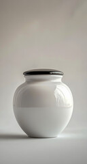 This is a ceramic jar with a sleek black lid, showcasing a minimalist design and smooth, clean lines.
