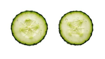 Sliced cucumbers display fresh green texture with dew drops isolated on transparent background