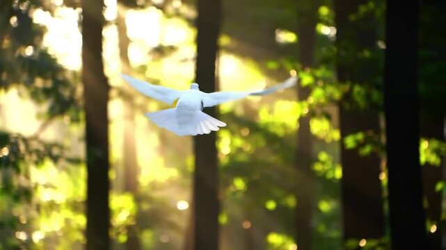 A serene white dove in nature, captured mid-flight with wings spread, symbolizing peace and freedom amidst green trees