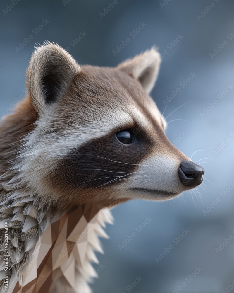 Aufkleber digital art of a raccoon rendered in low poly triangular geometry with a 2-giixel standard resolutio