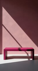 Photo of a pink bench is illuminated by a diagonal beam of light