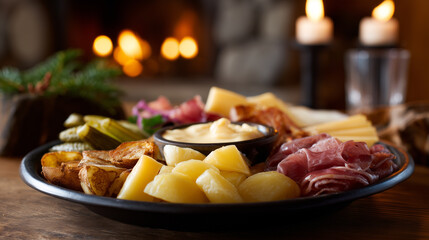Swiss raclette cheese melted over potatoes, pickles, and cured meats in a cozy alpine setting.
