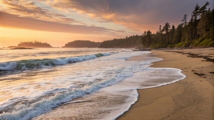 Obraz premium Sunset Coastline Waves, Sand, Forest, Pacific Northwest, Landscape Photography, Ocean Pacific Ocean, Coastal Scenery