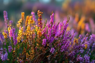 Obraz premium Autumn heather in Lueneburger Heide also known as Calluna vulgaris or ling