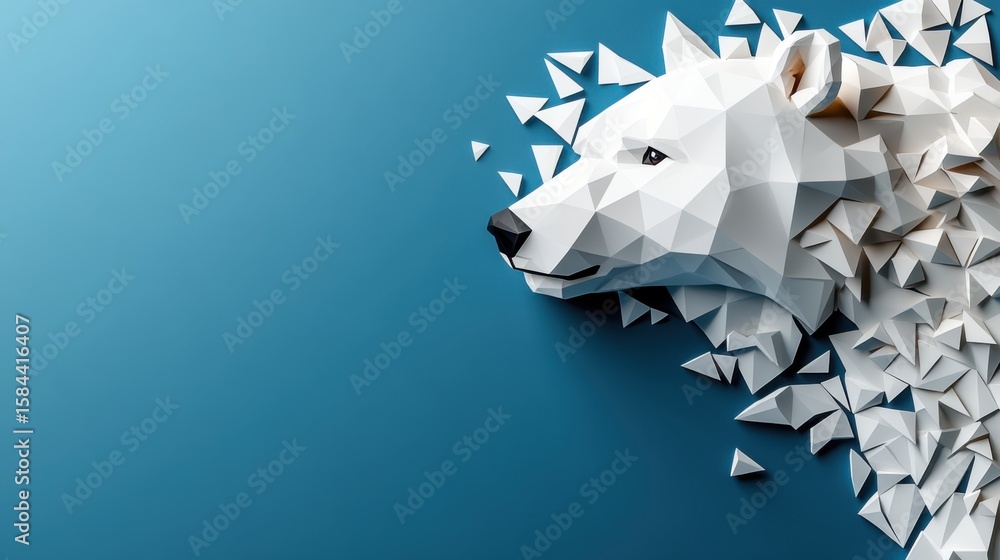 Poster digital polar bear constructed with -edged low poly triangles against a blue backdrop creating a str