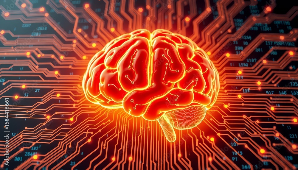 Poster ignite your tech ideas with this vibrant red circuit brain symbolizing ai cognition, machine intelli
