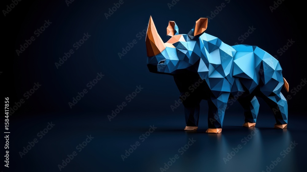 Poster low poly 3d rhino art showcases polygonal facets in a digital creation with 2-giixel standard resolu