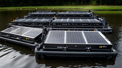 Floating Solar Panels Installation, Renewable Energy, Water Reservoir, Photography, Outdoor Setting, Aerial View, Innovative Technology