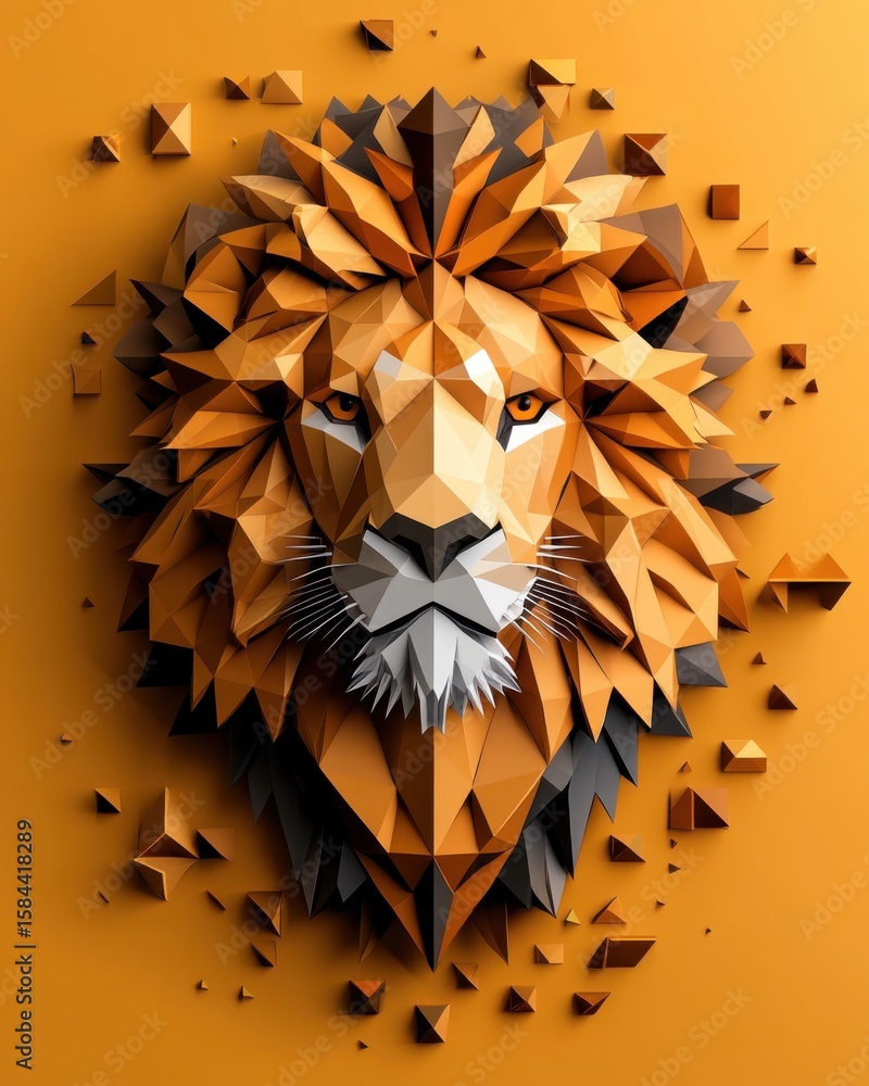Poster 3d low poly digital art of a majestic lion with polygon mesh and angular design against an orange ba