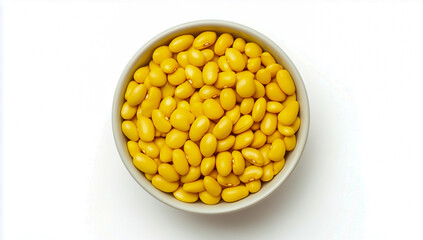 Top view of a bowl filled with yellow beans isolated on white background, with clipping path, high-resolution close-up, clean and minimal composition.