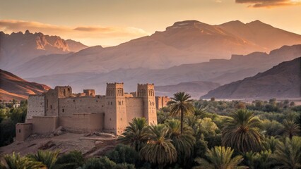 Sunset over Kasbah Ait Benhaddou, Morocco Landscape Photography, Ancient Fortress, Mountain Range, Palm Oasis, Golden Hour. ,Morocco