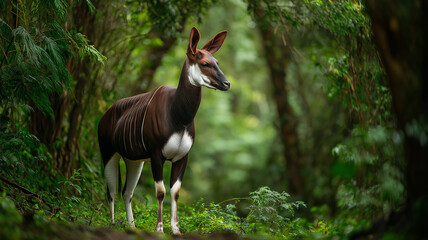 Male Okapi in Lush Rainforest – Professional Wildlife Stock Photo