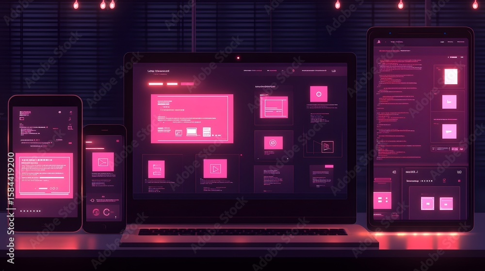 Poster multiple digital devices display various user interfaces.