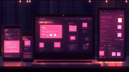 Multiple digital devices display various user interfaces.