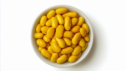 Top view of a bowl filled with yellow beans isolated on white background, with clipping path, high-resolution close-up, clean and minimal composition.