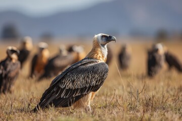 Bearded vulture on grass beside raptors in a sunny field