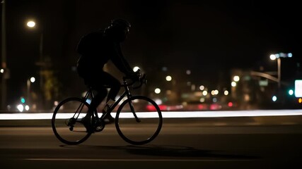 Silhouette of a cyclist riding through an urban landscape at night with blurred lights - Powered by Adobe