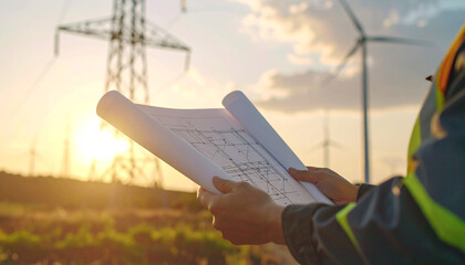 Blueprint in Hand: A electrical engineer inspects a detailed blueprint against a backdrop of wind turbines and a power line, illuminated by the warm glow of the setting sun.