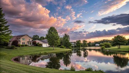 Obraz premium Sunset over Suburban Pond Wide Composition, Cloudy Sky, Home Reflection, Landscape Photography, Residential, Nature. Residential, Landscape