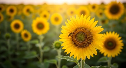 Obraz premium Vibrant Sunflower Field at Sunset with Focused Detail