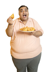 Excited hungary overweight fat indian man enjoy unhealthy samosa junk food. Plus size guy starving to eat fried snack. Obese male crave for high calorie meal. Obesity and weight gain.