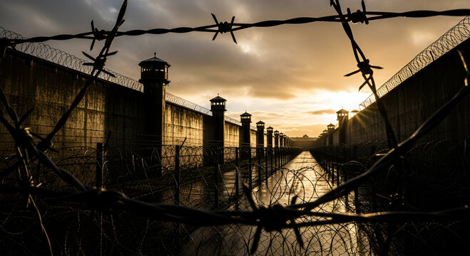Silhouetted prison walls at sunset, barbed wire foreground, emphasizing confinement and isolation.