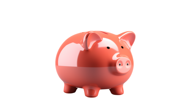 Glossy pink piggy bank for savings isolated on transparent background