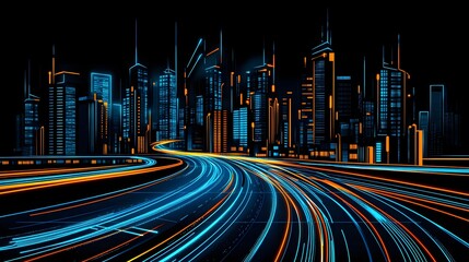 Futuristic cityscape at night with glowing city lights and motion blurred roads.
