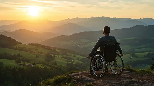 Silhouette Of Person In Wheelchair With Arms Outstretched At Sunset Over Mountain Landscape