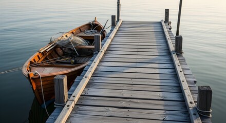 Wooden Fishing Boat Docked at a Peaceful Lakeside Pier
