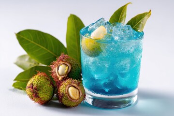 Blue litchi mocktail shot on a white backdrop