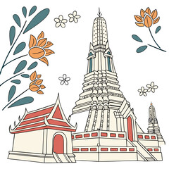 Obraz premium Cute Wat Arun in Bangkok with Tower and Thai Patterns, No Background. Perfect for: Songkran Festival, Loy Krathong, Thailand National Day