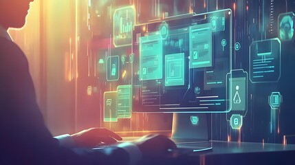 Person working on a computer with holographic interface elements.