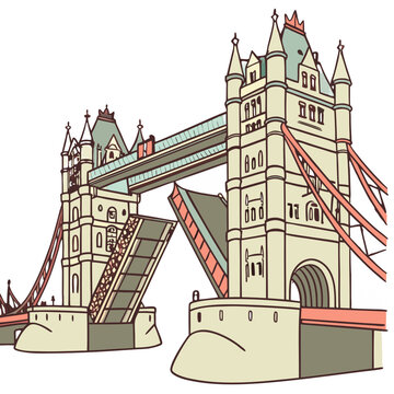 Cute Tower Bridge in London with Raised Bascules, No Background. Perfect for: London Festival, UK National Day, Thames tourism season