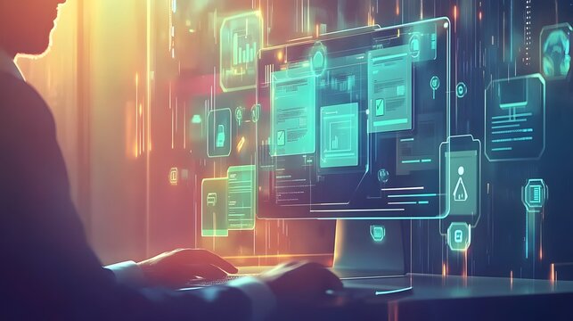 Person working on a computer with holographic interface elements.