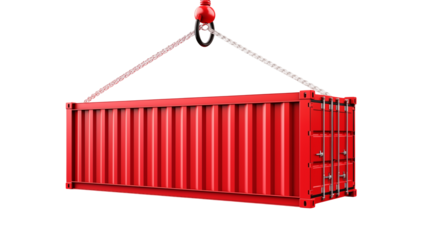 Bright red shipping container suspended by chains isolated on transparent background