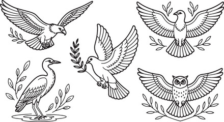 Birds and Leaves Line Drawings for Illustration and Design