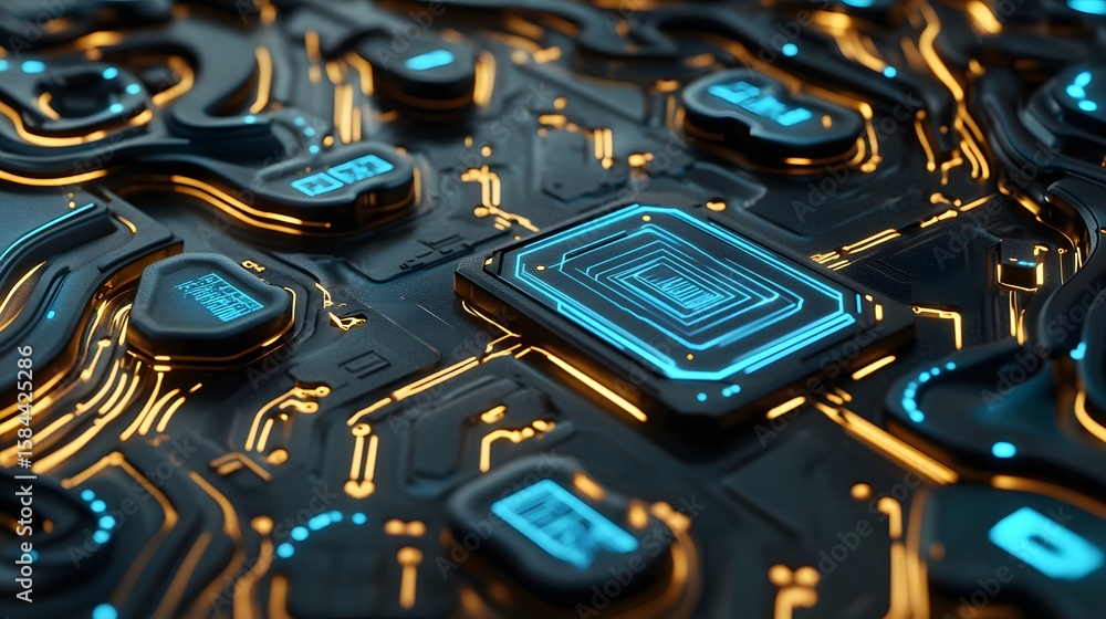 Aufkleber close-up view of intricate circuit board technology.