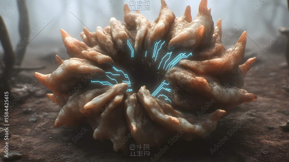 Poster organic structure with intricate circuit design on a rocky surface.