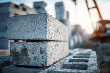 Builder of concrete blocks Blurred background with space for text