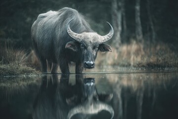 Naklejka premium Bull of the Asian wild water buffalo and its reflection