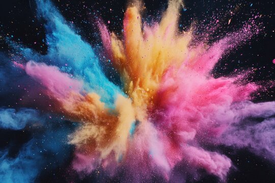 Freeze-frame of colorful powder detonation, bright particles flying in all directions