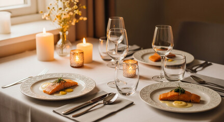 Elegant table setting with salmon dishes, candles, and glassware for a romantic dinner.