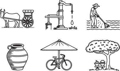 Naklejka premium Vintage Farm Tools and Transportation Illustrations