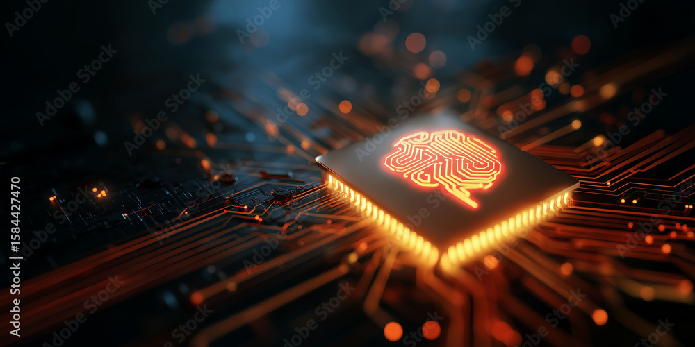 Poster a glowing chip with the outline of an artificial intelligence brain floating above it, set against a