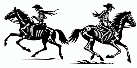 Skeleton as cowboy Riding a horse. Halloween Skull Bones Clipart Line Art Vector Illustration. Boney man rancher atop steed equine mount for the undead gunslinger.