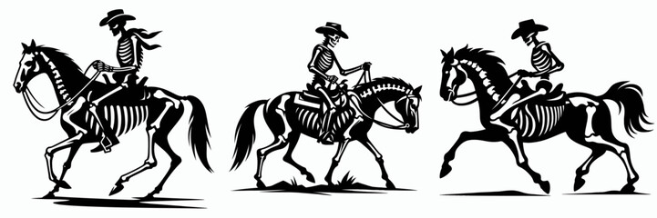 Skeleton as cowboy Saddling a horse. Halloween Skull Bones Clipart Line Art Vector Illustration. Bone figure rancher mounting steed western theme illustration.