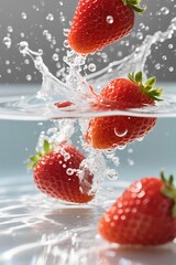 Slow-motion shot of ripe strawberries plunging into clear water. Dramatic splash, floating droplets, and juicy texture captured in natural light with vibrant, crisp detail and underwater motion.