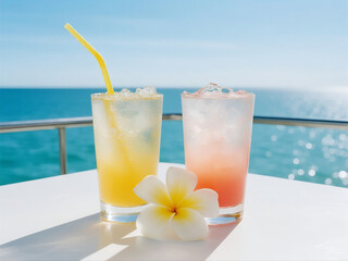 Yacht Deck Summer Vibes: Yellow Fizz & Pink Layered Drink with Frangipani Flower